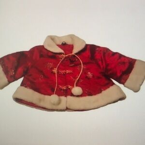 Red Satin Embroidered Holiday Jacket with Faux Fur Trim